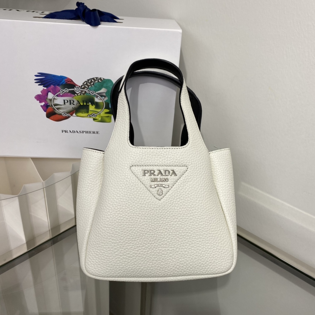 Prada Mini Leather Bag Shoulder Bag Tote White/Black 1BA349